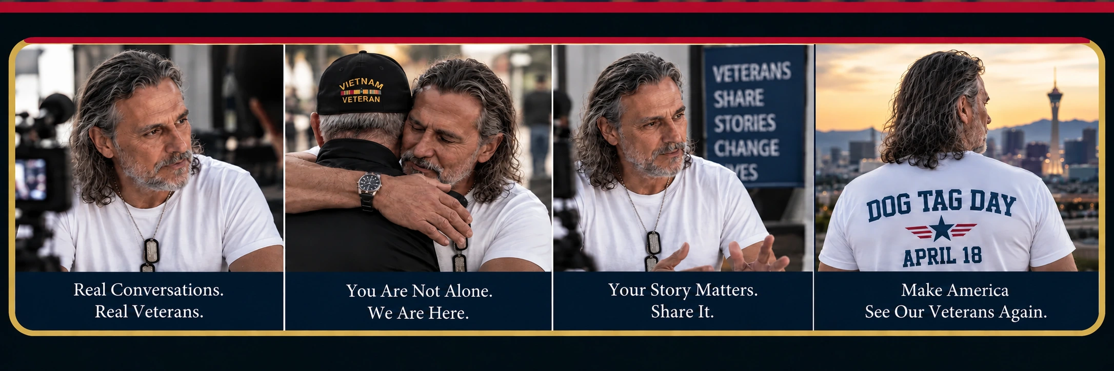 Ronnie Shure listening, embracing a veteran, sharing stories, and looking toward Las Vegas — four approved scenes