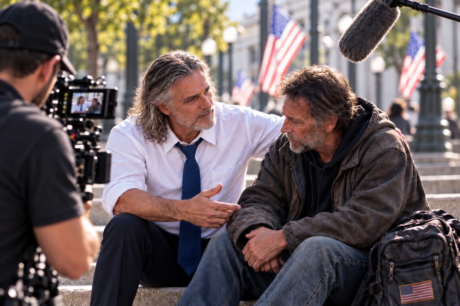 Ronnie Shure in a tie speaking with a veteran while a camera crew records